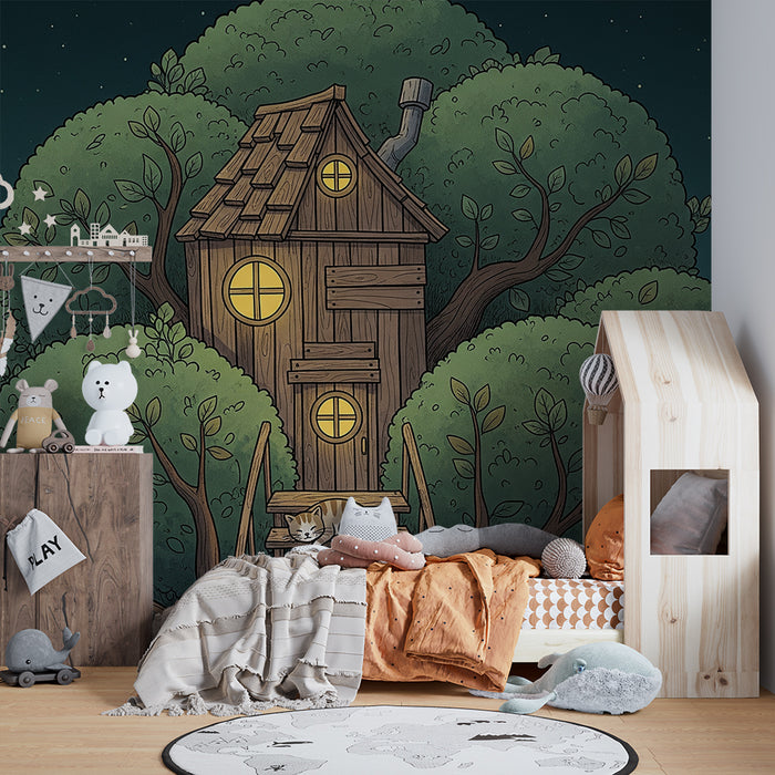 Kids' Room Wallpaper | Treehouse with a Sleeping Cat