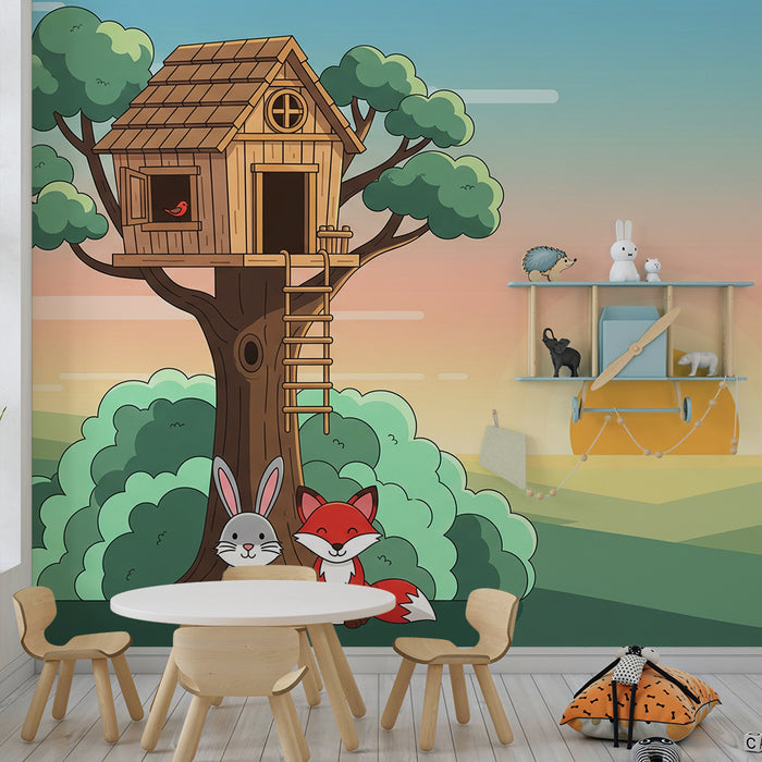 Barnrumspapper | Trädhus med kanin och räv