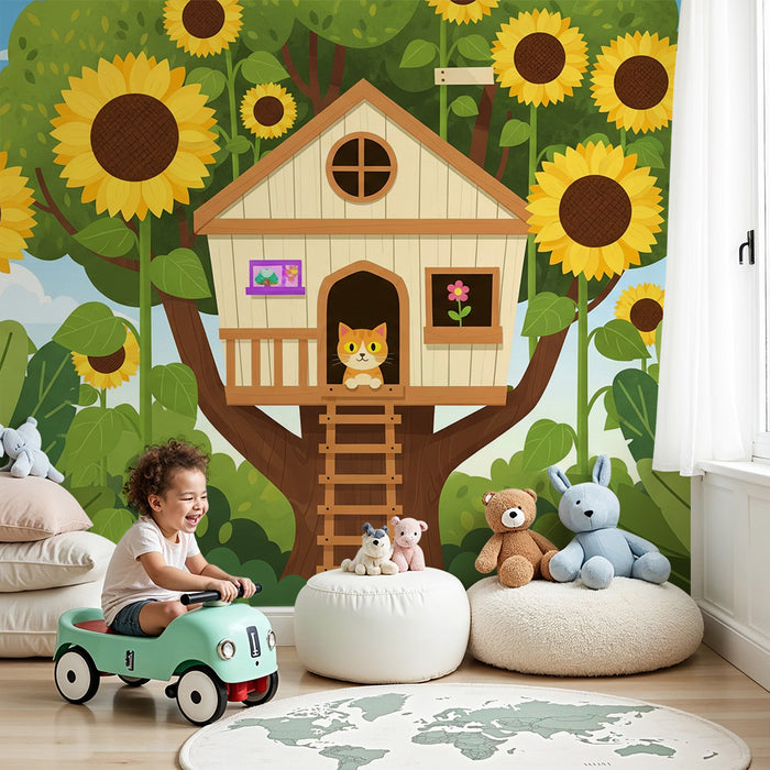 Kids' Room Wallpaper | Treehouse Surrounded by Sunflowers and a Lush Forest
