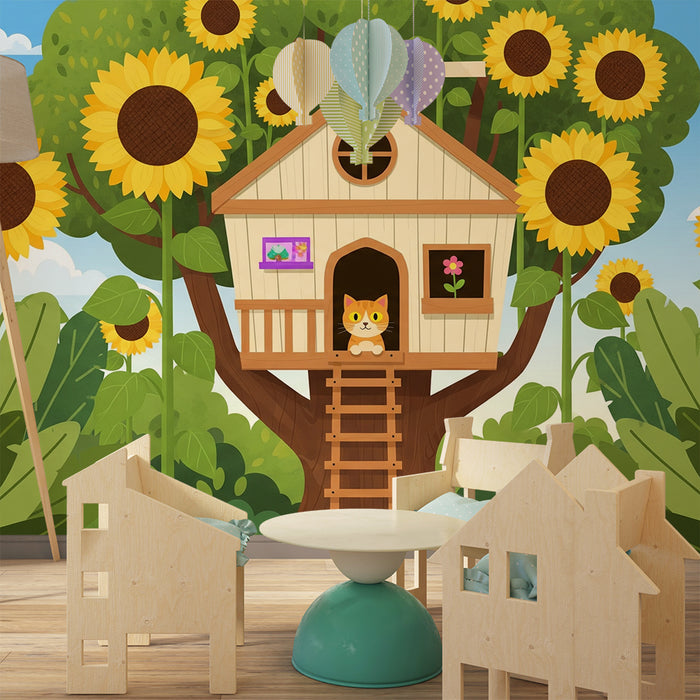 Kids' Room Wallpaper | Treehouse Surrounded by Sunflowers and a Lush Forest