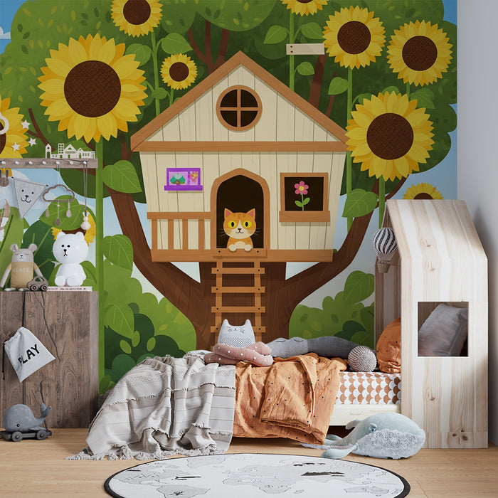 Kids' Room Wallpaper | Treehouse Surrounded by Sunflowers and a Lush Forest