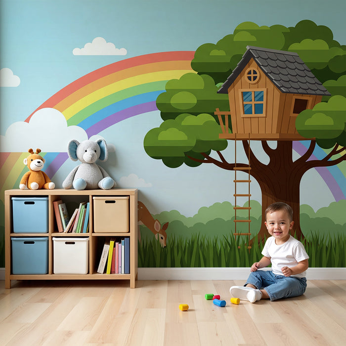 Papel pintado infantil | Casa en el árbol y arcoíris en un paisaje de ensueño