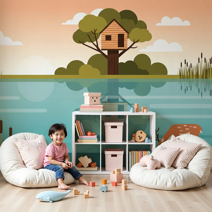 Kids' room wallpaper | Treehouse and deer by the water