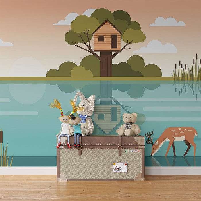 Kids' room wallpaper | Treehouse and deer by the water