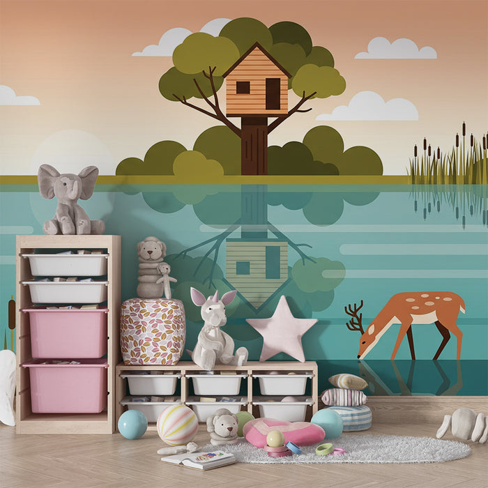 Kids' room wallpaper | Treehouse and deer by the water