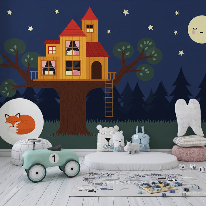 Kids' Room Wallpaper | Treehouse Under a Starry Sky