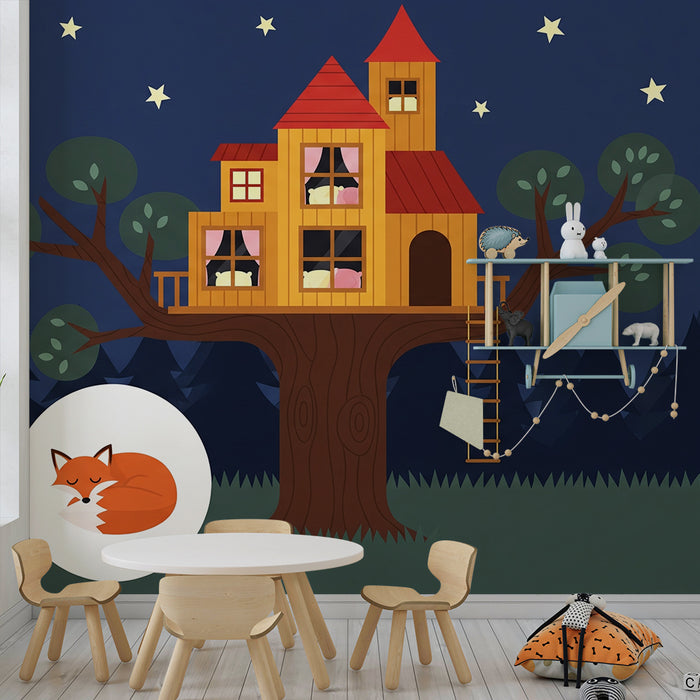 Kids' Room Wallpaper | Treehouse Under a Starry Sky