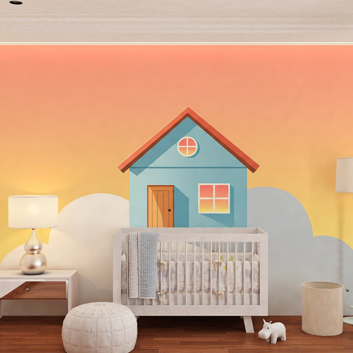 Barnrumspapper | Hus bland molnen med pastellfärggradient
