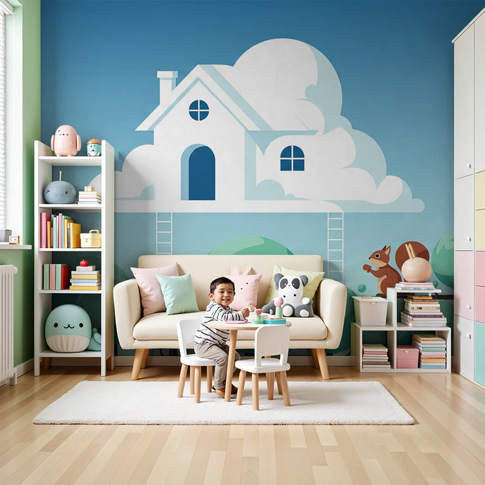 Kinderzimmer-Tapete | Haus in den Wolken mit Eichhörnchen und bunten Bäumen
