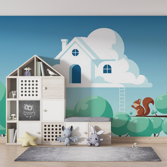 Kinderzimmer-Tapete | Haus in den Wolken mit Eichhörnchen und bunten Bäumen