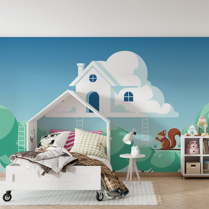 Kinderzimmer-Tapete | Haus in den Wolken mit Eichhörnchen und bunten Bäumen
