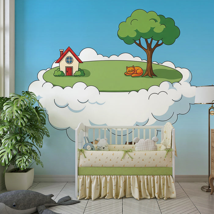 Papel de parede para quarto de criança | Casa nas nuvens com uma árvore e um gato