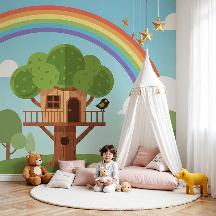 Kids' Room Wallpaper | Treehouse with Rainbow and Bright Sun