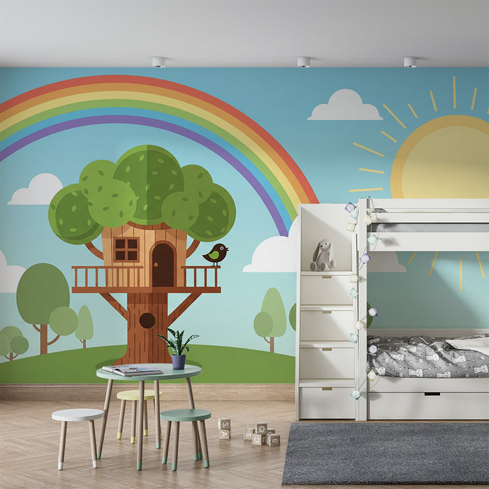 Kids' Room Wallpaper | Treehouse with Rainbow and Bright Sun