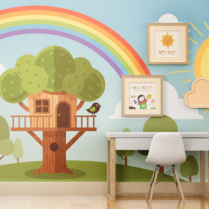 Kids' Room Wallpaper | Treehouse with Rainbow and Bright Sun