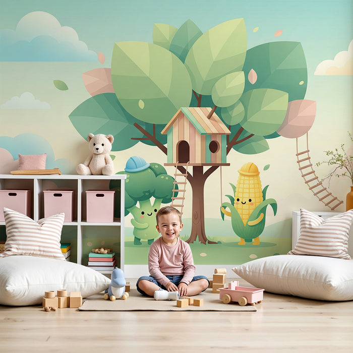Kids' room wallpaper | Treehouse with fun vegetable characters