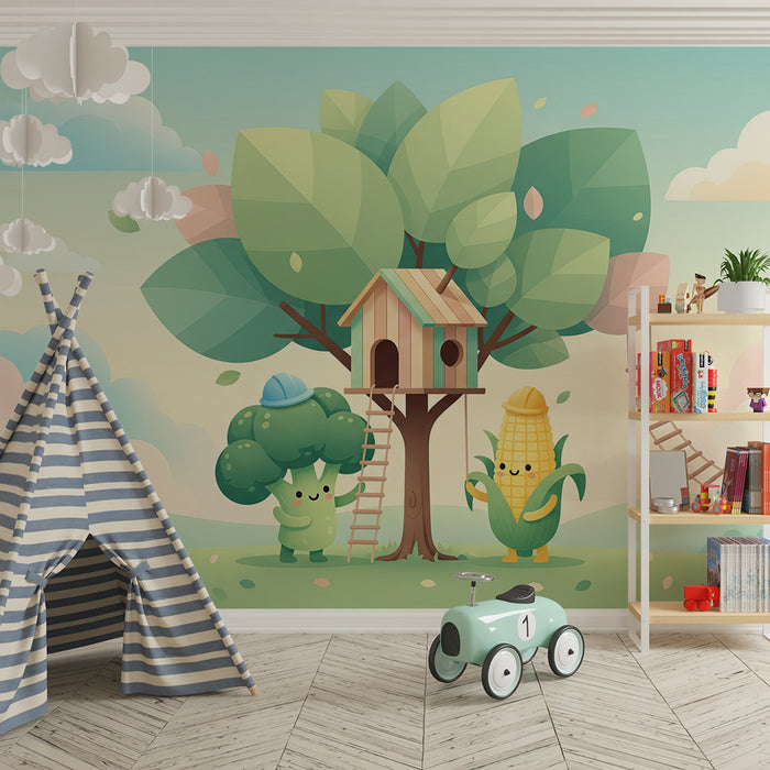 Kids' room wallpaper | Treehouse with fun vegetable characters