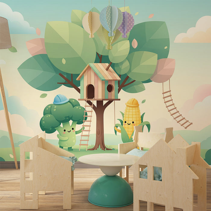 Kids' room wallpaper | Treehouse with fun vegetable characters