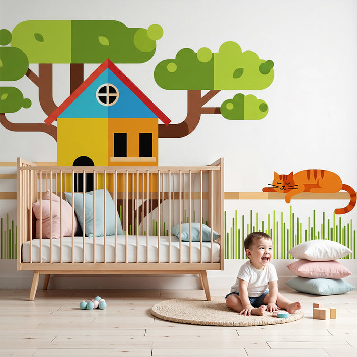 Behang kinderkamer | Boomhut met een rustige kat