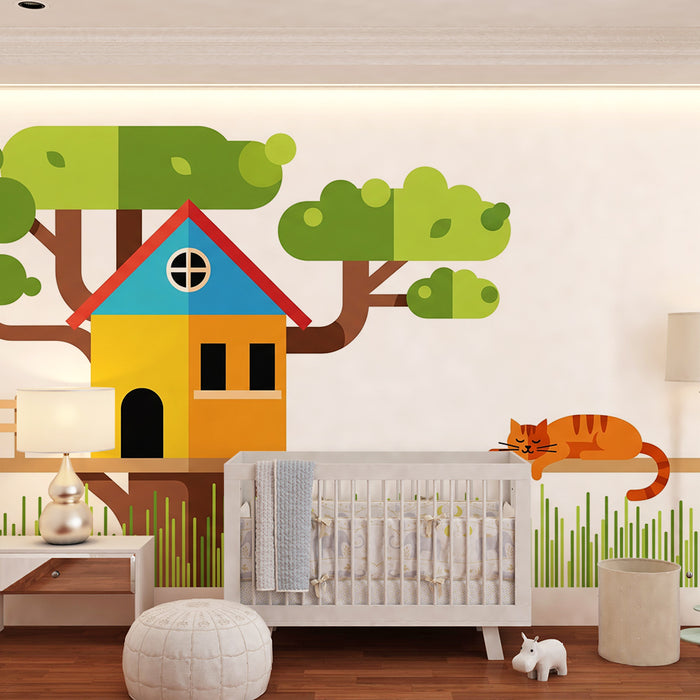 Behang kinderkamer | Boomhut met een rustige kat
