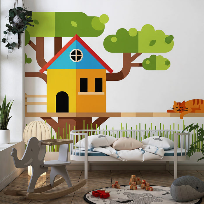 Behang kinderkamer | Boomhut met een rustige kat