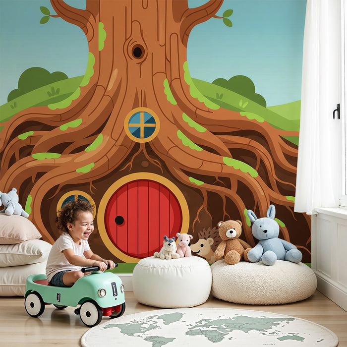 Kinderzimmer Tapete | Baumhaus mit süßem Igel