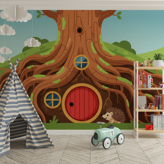 Kinderzimmer Tapete | Baumhaus mit süßem Igel