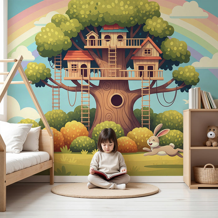 Kids' Room Wallpaper | Treehouse with a Happy Bunny and a Rainbow