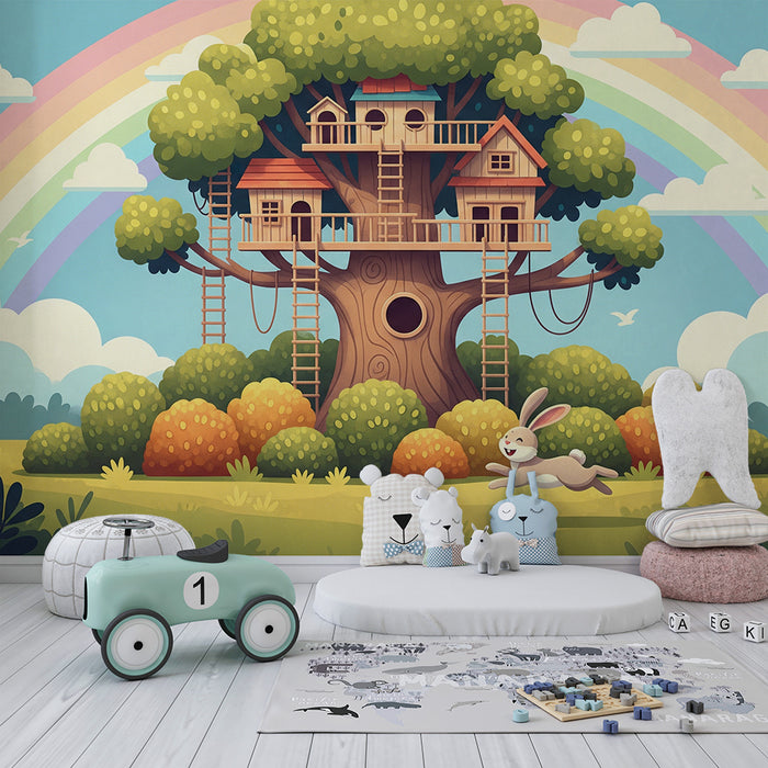 Kids' Room Wallpaper | Treehouse with a Happy Bunny and a Rainbow