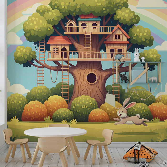 Kids' Room Wallpaper | Treehouse with a Happy Bunny and a Rainbow