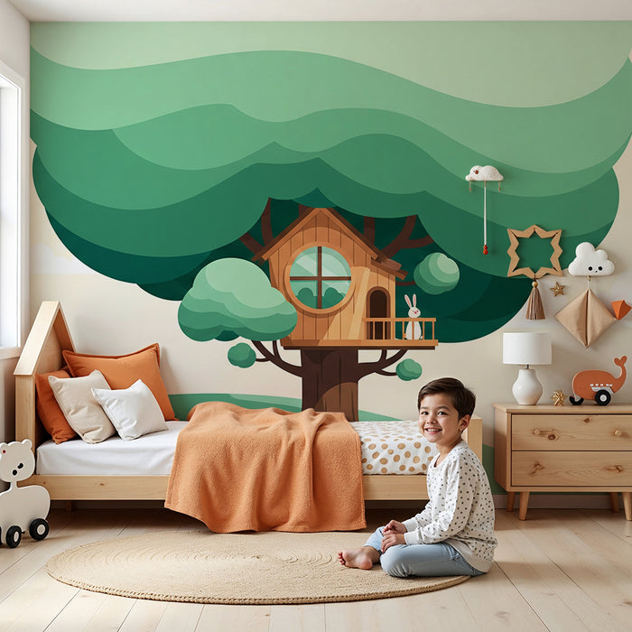 Papel pintado para habitación infantil | Casa en un árbol con un conejo adorable