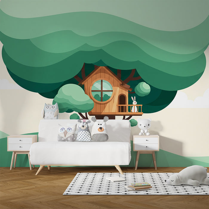Papel pintado para habitación infantil | Casa en un árbol con un conejo adorable