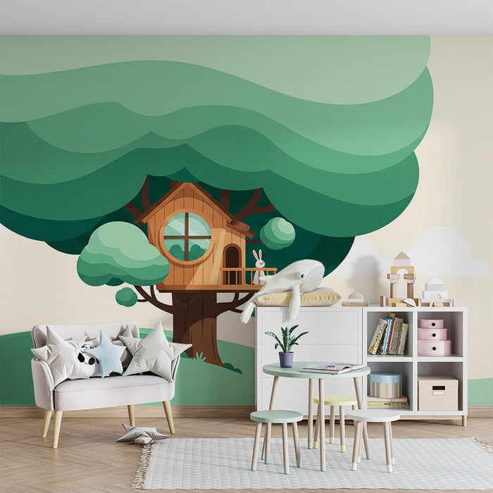 Papel pintado para habitación infantil | Casa en un árbol con un conejo adorable