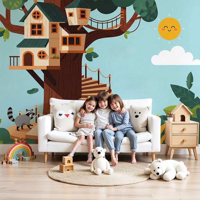 Papel pintado infantil | Casa en el árbol con un mapache y un sol sonriente