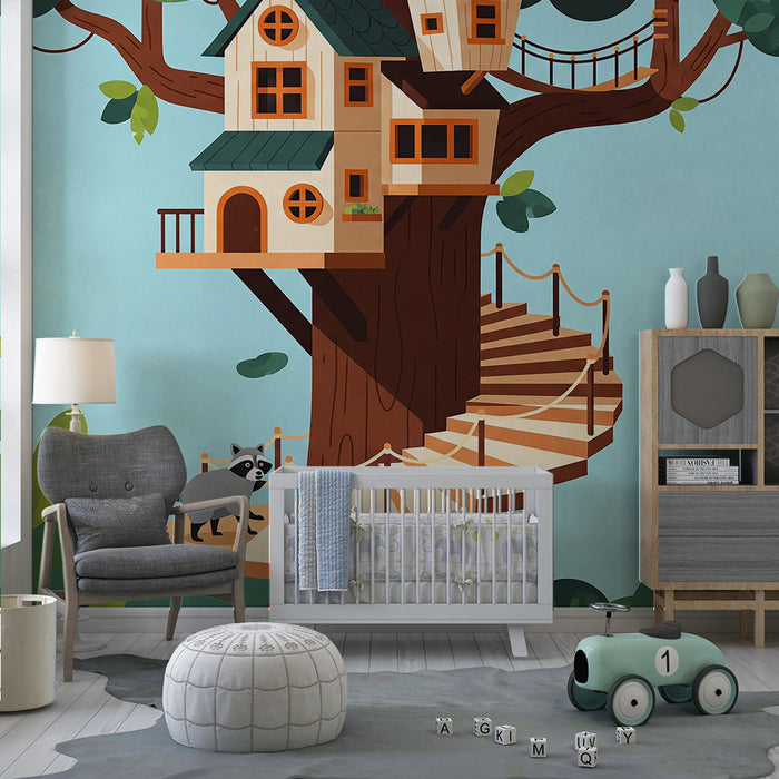 Papel pintado infantil | Casa en el árbol con un mapache y un sol sonriente