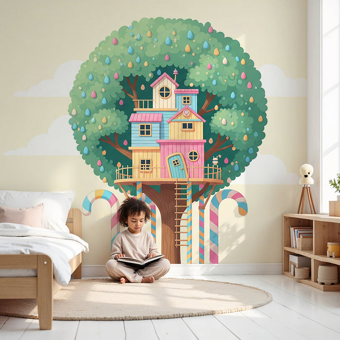 Kids' Room Wallpaper | Colorful Treehouse with Candy and Clouds