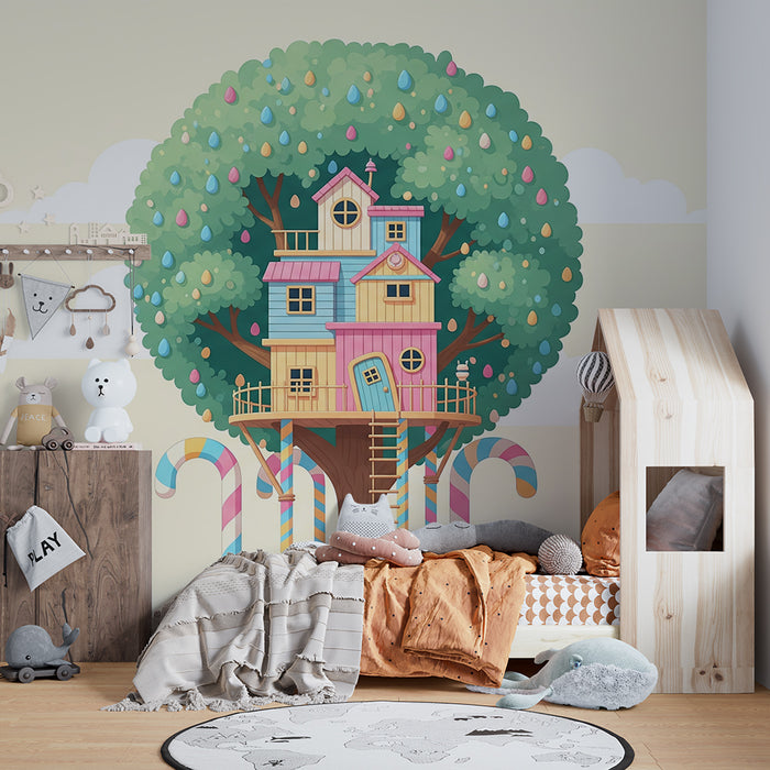 Kids' Room Wallpaper | Colorful Treehouse with Candy and Clouds