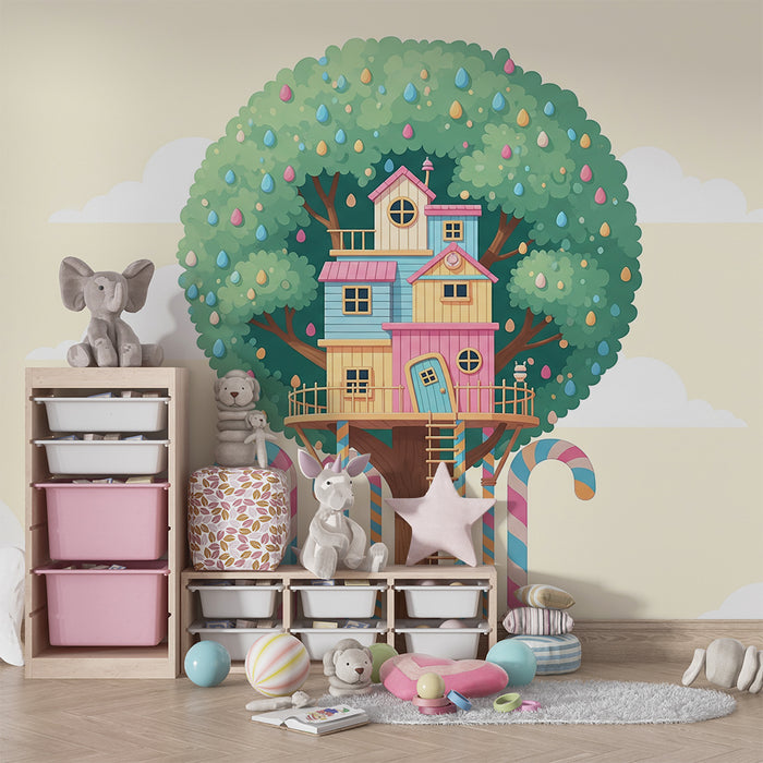 Kids' Room Wallpaper | Colorful Treehouse with Candy and Clouds