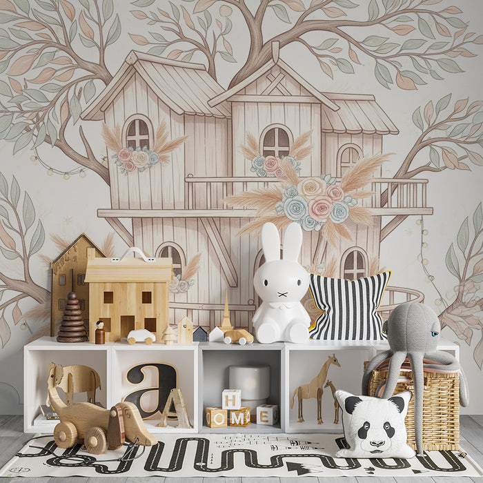 Papier peint chambre enfant | Maison dans un arbre décorée de fleurs pastel
