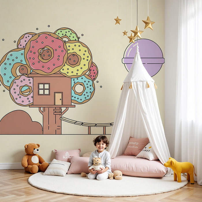 Behang kinderkamer | Boomhut met kleurrijke snoepjes en donuts