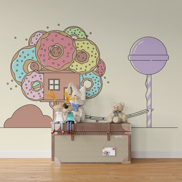 Behang kinderkamer | Boomhut met kleurrijke snoepjes en donuts