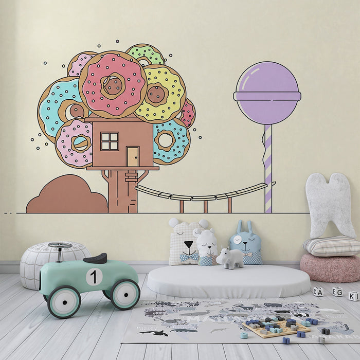 Behang kinderkamer | Boomhut met kleurrijke snoepjes en donuts