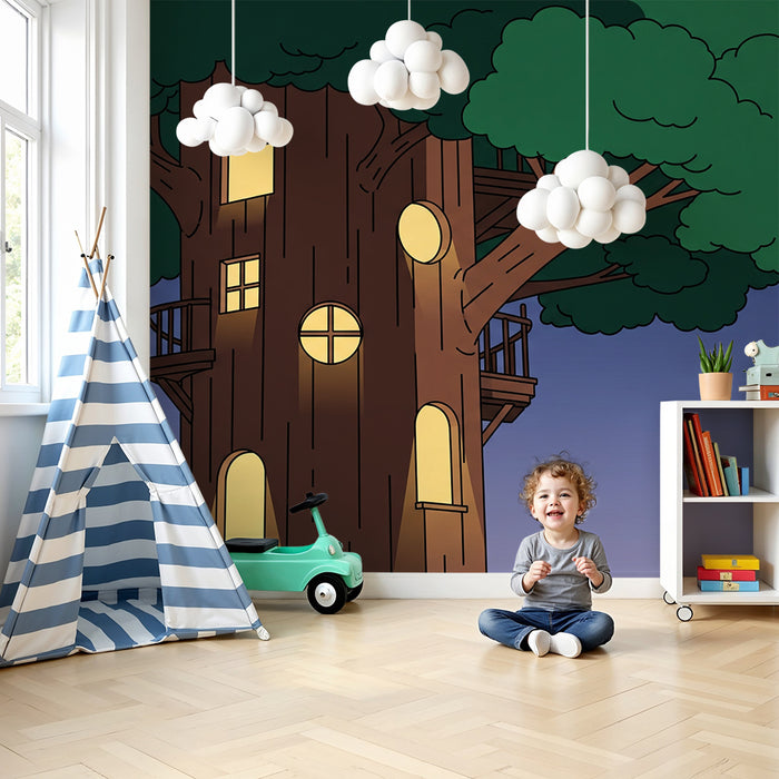 Children's Room Wallpaper | Treehouse Glowing Under a Starry Sky