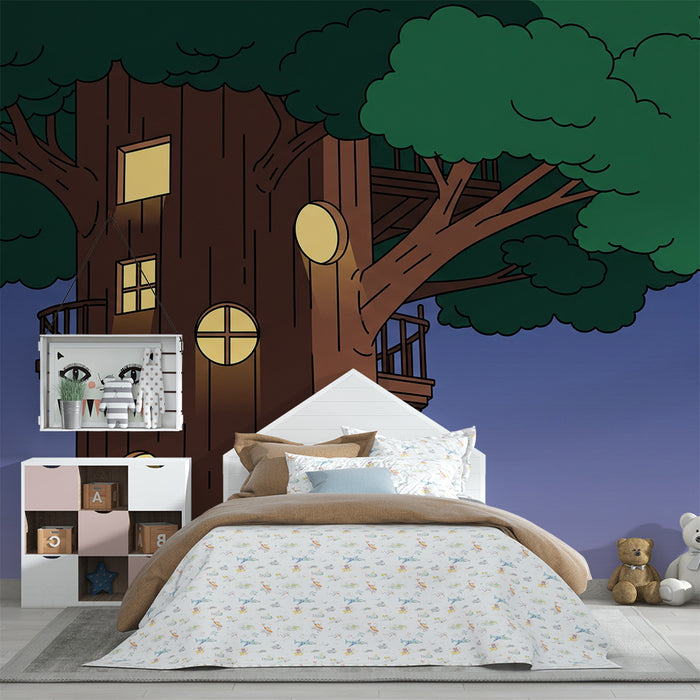 Children's Room Wallpaper | Treehouse Glowing Under a Starry Sky