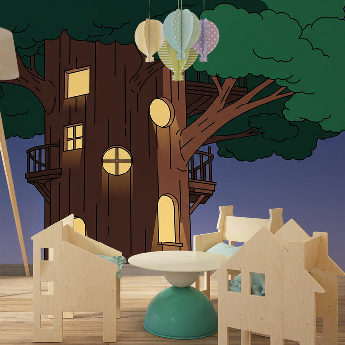 Children's Room Wallpaper | Treehouse Glowing Under a Starry Sky