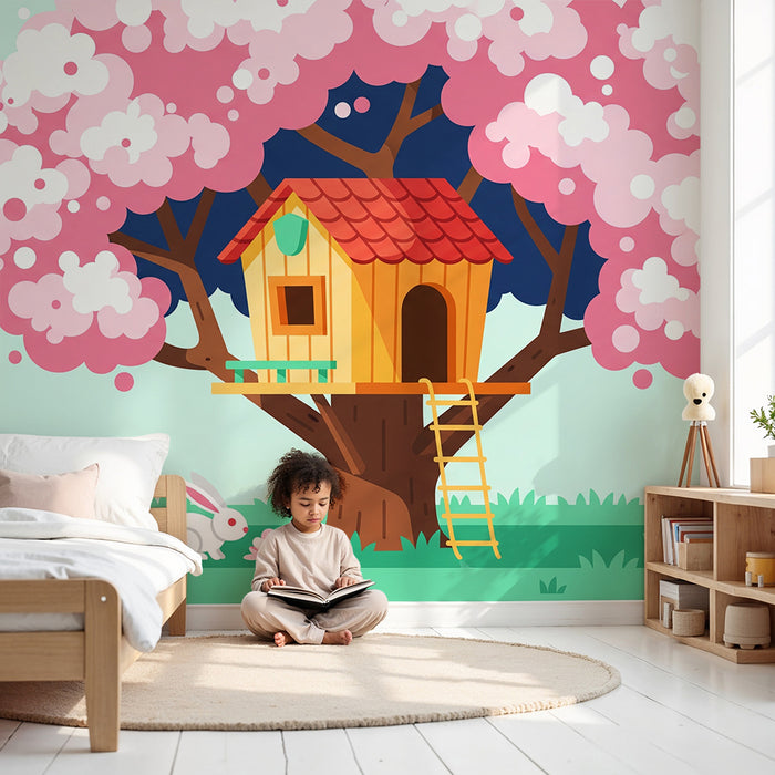 Behang kinderkamer | Boomhut onder een bloeiende kersenboom