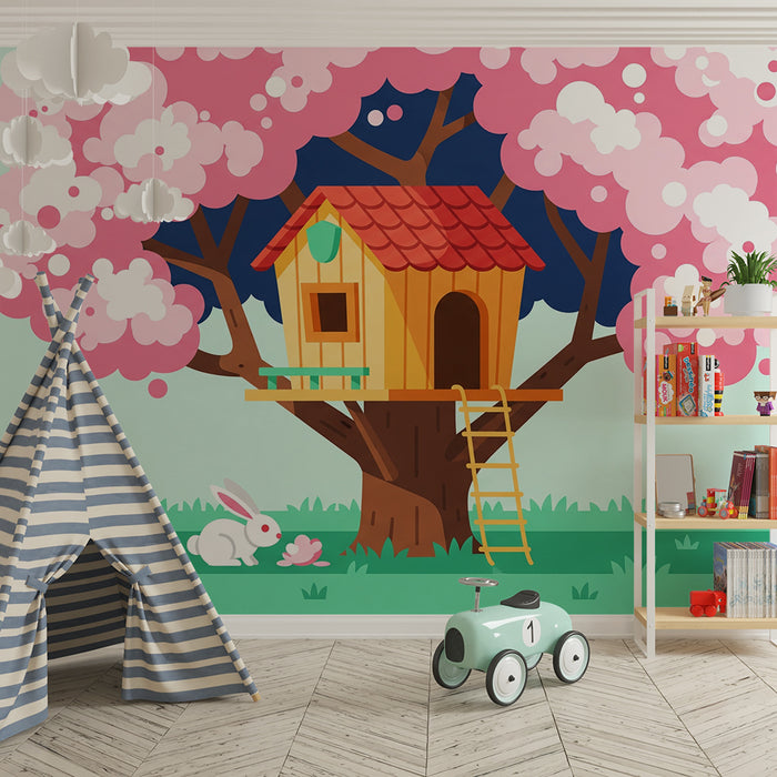 Behang kinderkamer | Boomhut onder een bloeiende kersenboom