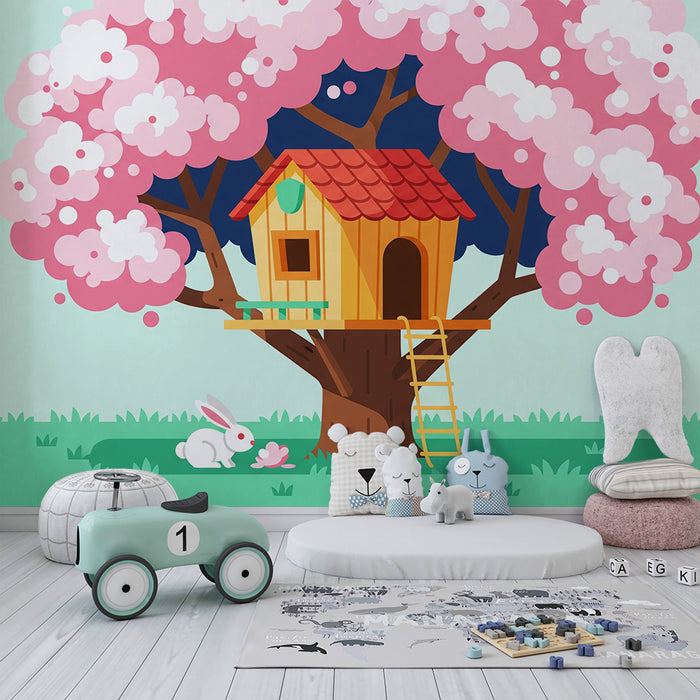 Behang kinderkamer | Boomhut onder een bloeiende kersenboom