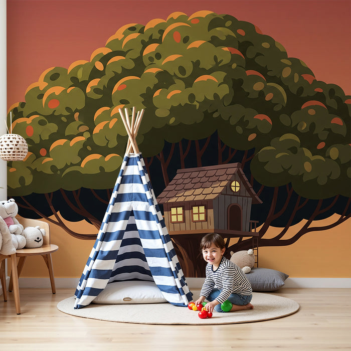 Kinderzimmer-Tapete | Baumhaus unter buntem Himmel