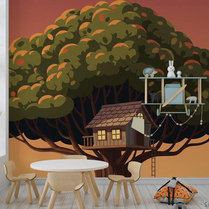 Kinderzimmer-Tapete | Baumhaus unter buntem Himmel